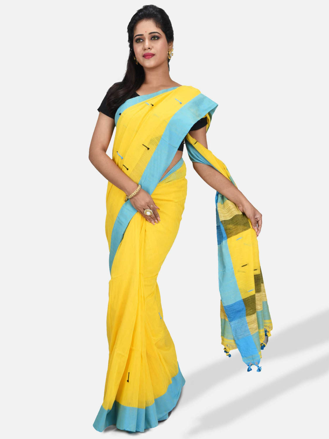 Pure Cotton 100% Traditional Yellow Bengali Handloom Tant Saree Very Soft Cotton Materials"Clical Desigined" With Blouse Picas